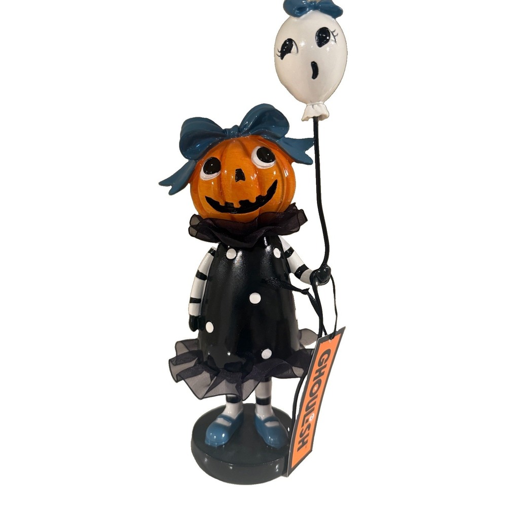 Ghoulish Pumpkin Girl Figurine with Ghost Balloon Halloween Decor Teal Bows